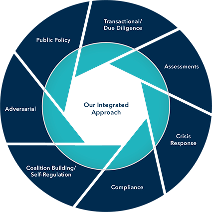Our Integrated Approach - Policy Work - Transactional Due Diligence - Assessments - Crisis Response - Compliance - Coaltion Building Self Regulation - Adversarial